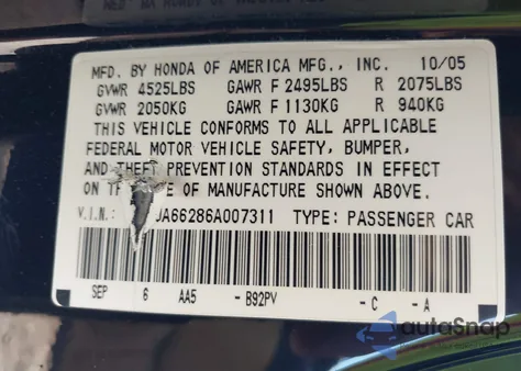 2006 Acura Tl из США, поврежденный, VIN 19UUA66286A007311